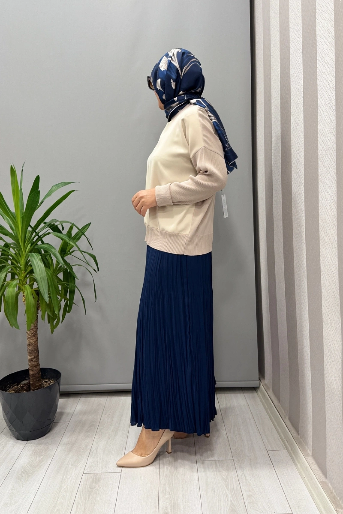Sentez Şifon Kırıştırma Etek Leopar Lacivert 5432