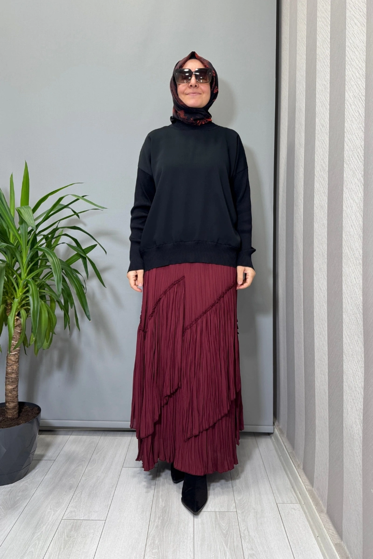 Sentez Vioala Parçalı Kırıştırma Etek Bordo 5475