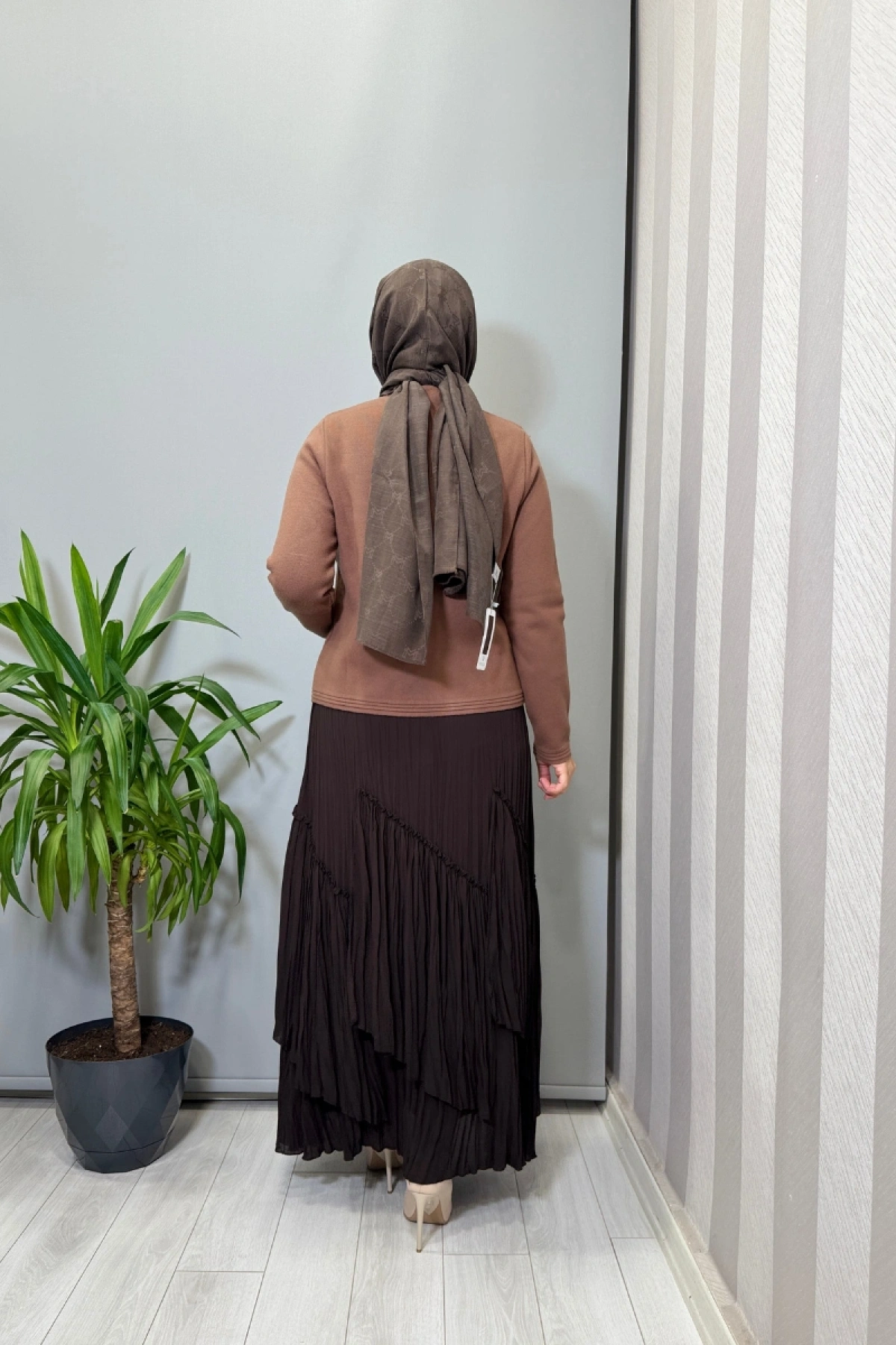 Sentez Vioala Parçalı Kırıştırma Etek Kahve 5475