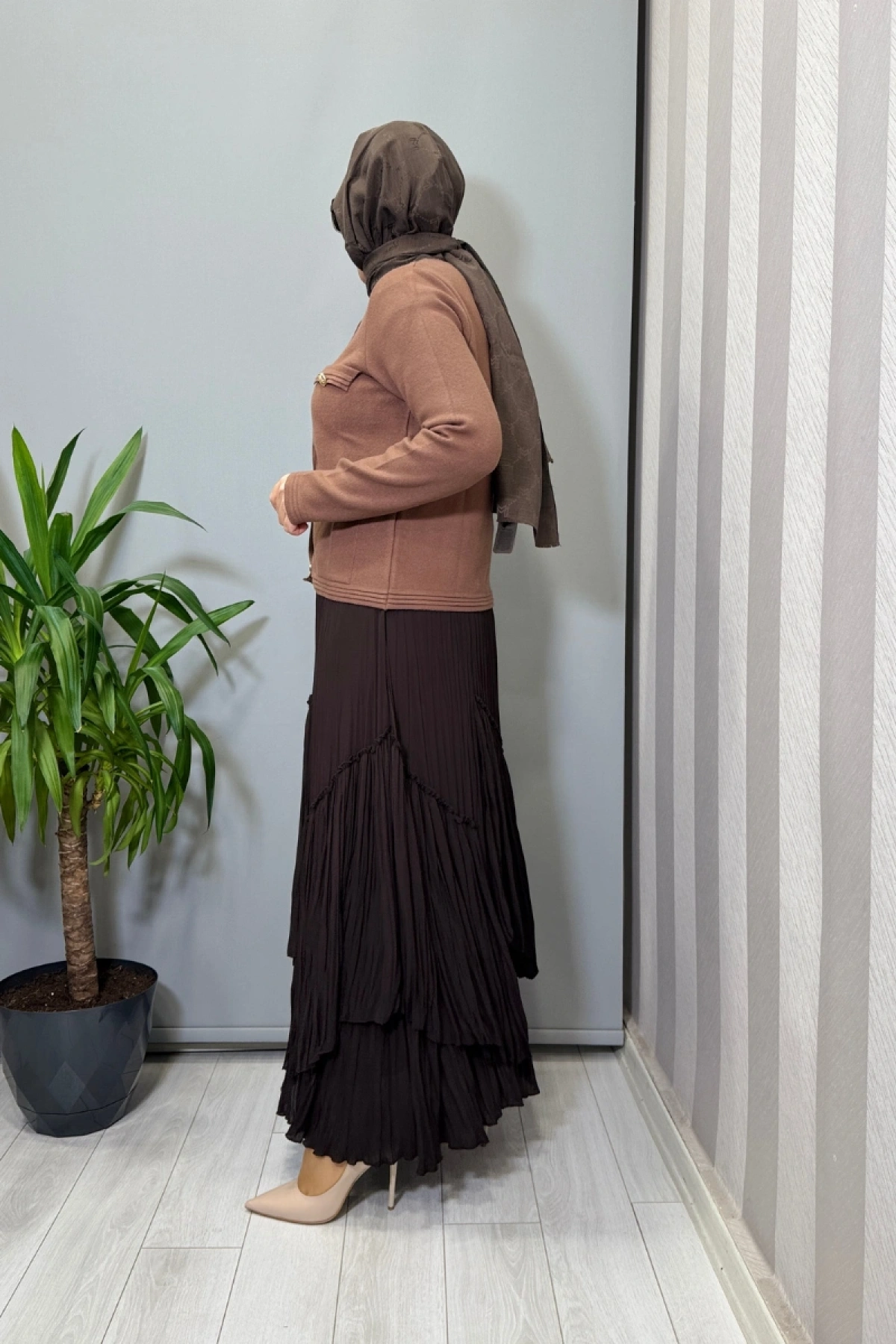 Sentez Vioala Parçalı Kırıştırma Etek Kahve 5475