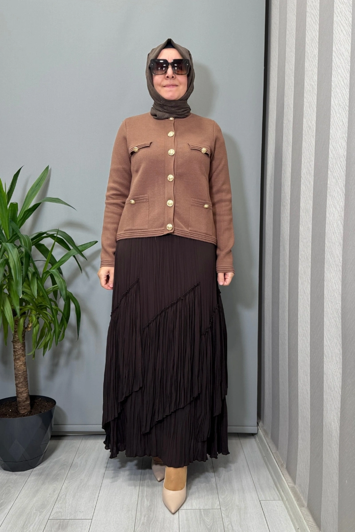 Sentez Vioala Parçalı Kırıştırma Etek Kahve 5475