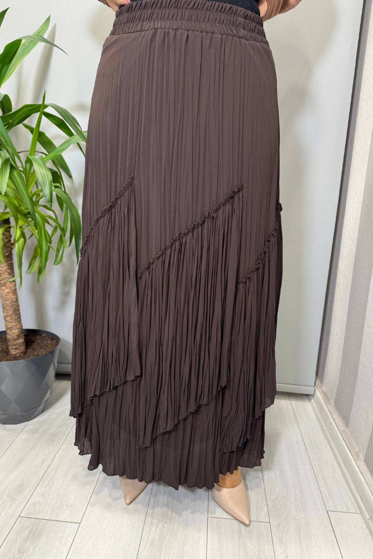 Sentez Vioala Parçalı Kırıştırma Etek Kahve 5475