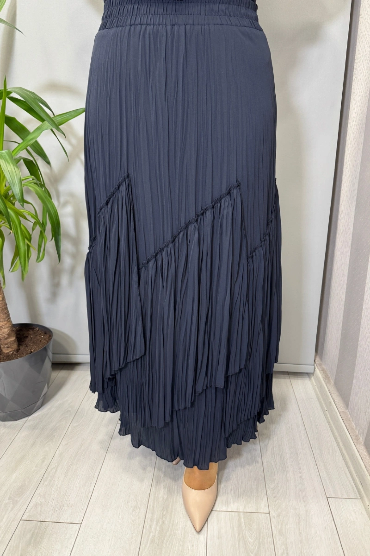 Sentez Vioala Parçalı Kırıştırma Etek Lacivert 5475