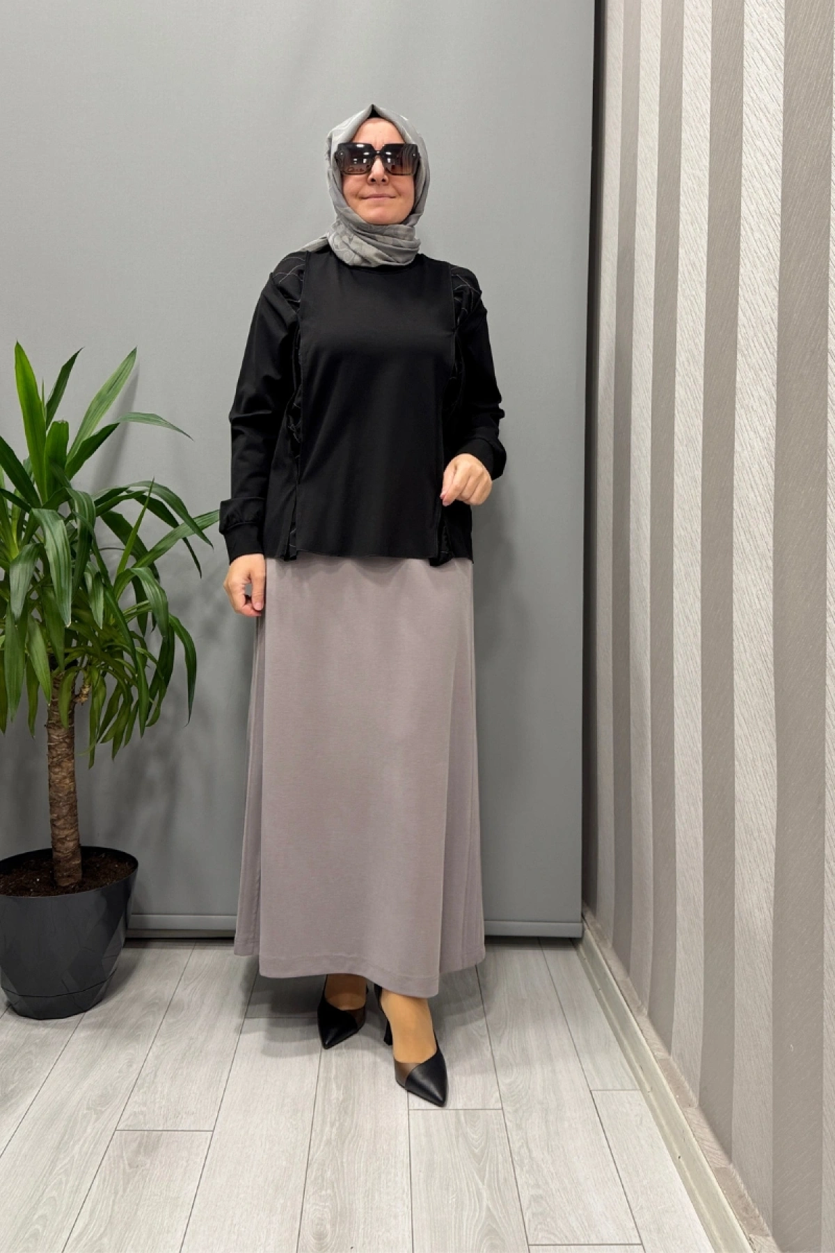 Sentez Yanı Nervürlü Etek Gri 5461