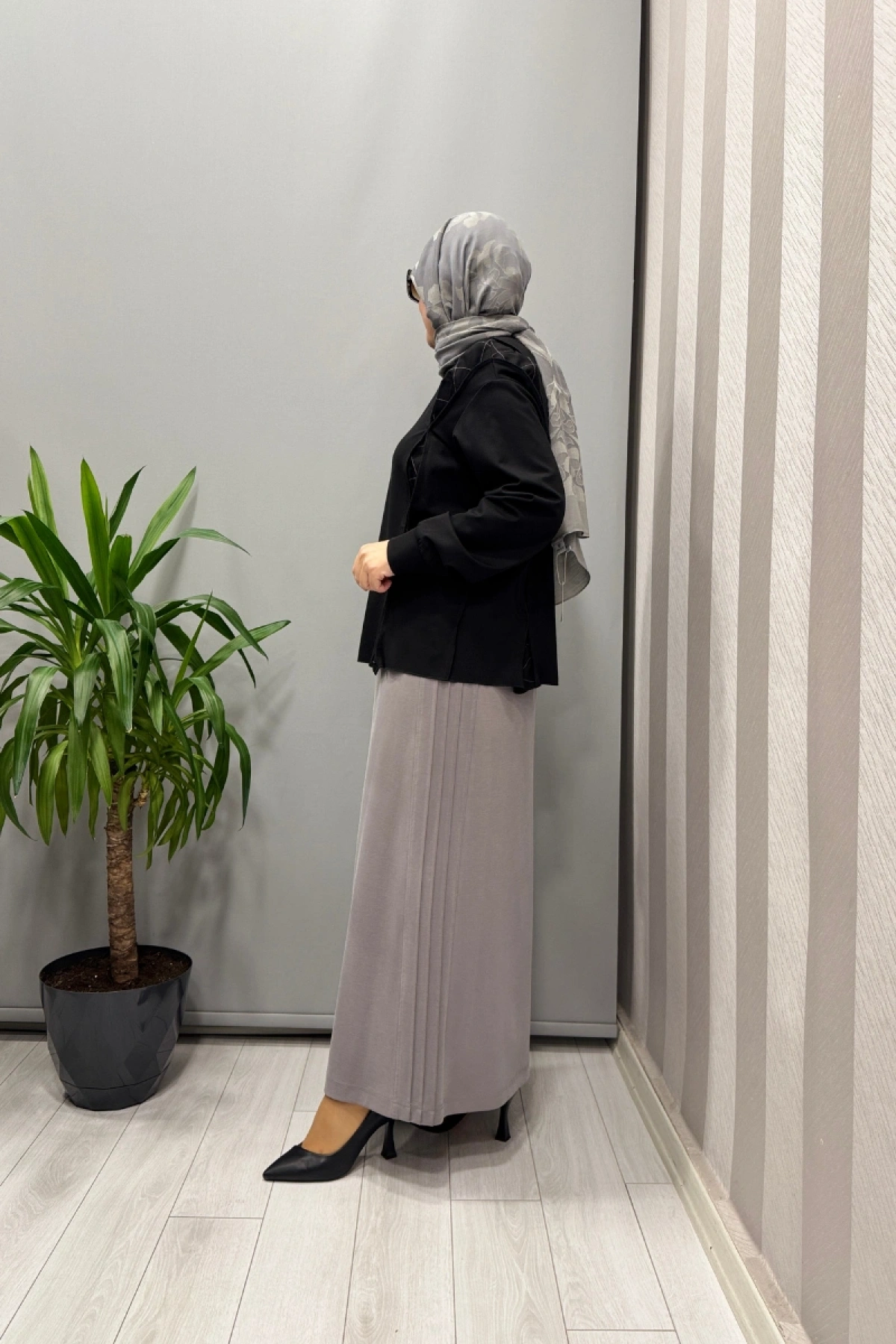 Sentez Yanı Nervürlü Etek Gri 5461