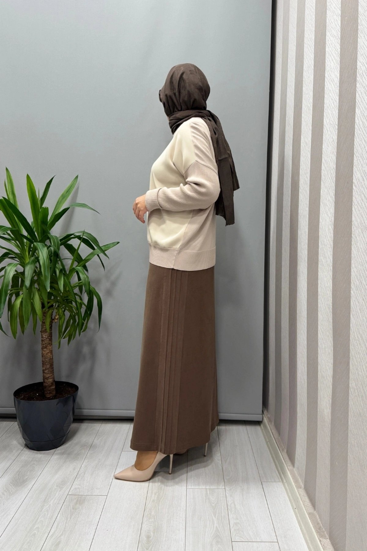 Sentez Yanı Nervürlü Etek Kahve 5461