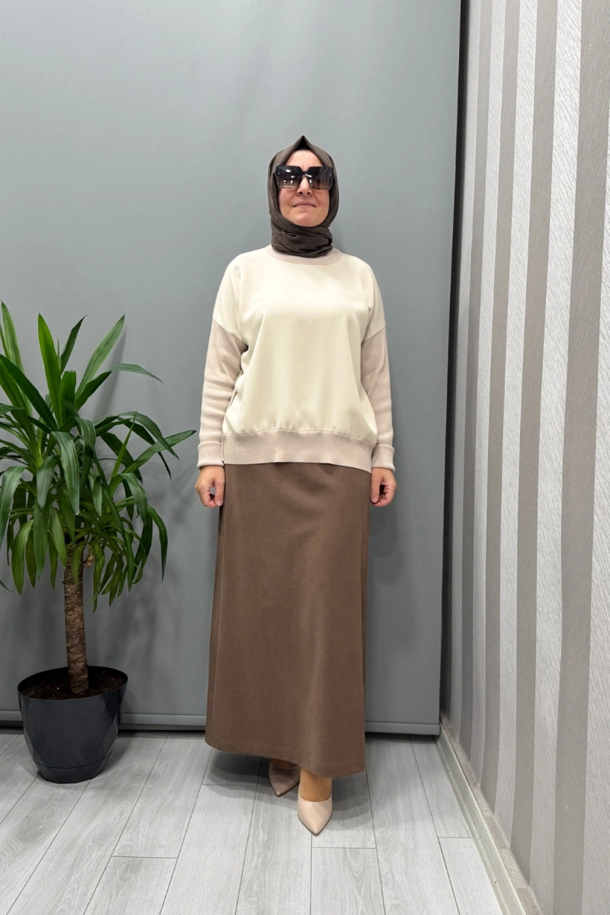 Sentez Yanı Nervürlü Etek Kahve 5461