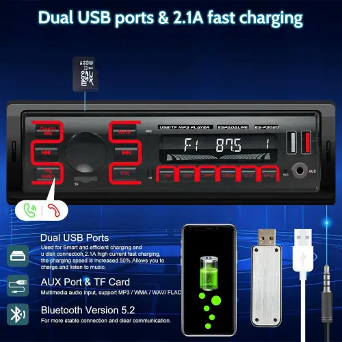 ES-P3020 Oto Teyp 4x50 Watt Bluetooth Dual Usb Tf Aux 7 Renk Ekran