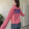 NEW YORK BASKILI KIRMIZI PEMBE ÇİZGİLİ SWEAT