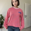 NEW YORK BASKILI KIRMIZI PEMBE ÇİZGİLİ SWEAT