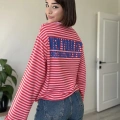 NEW YORK BASKILI KIRMIZI PEMBE ÇİZGİLİ SWEAT