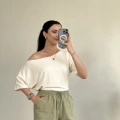 Krem Yarasa Kol Kayık Yaka Bluz