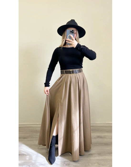 KEMERLİ YIRTMAÇ DETAYLI UZUN ETEK