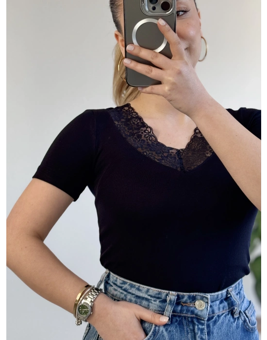 V YAKA DANTEL DETAY YARIM KOL BODY