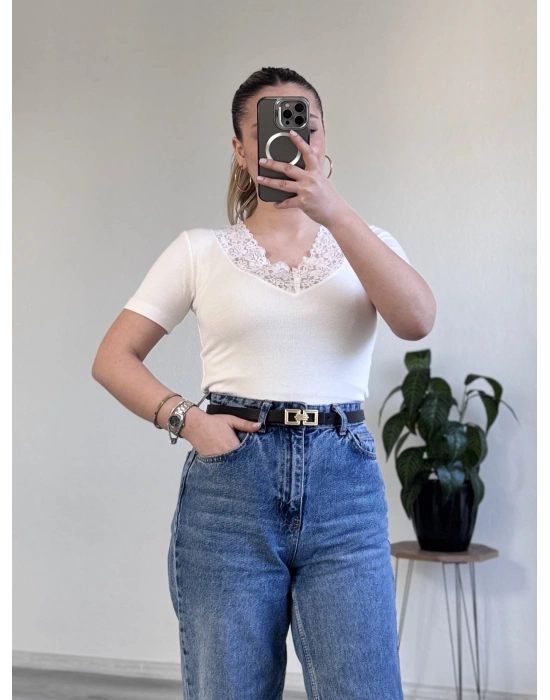 V YAKA DANTEL DETAY YARIM KOL BODY