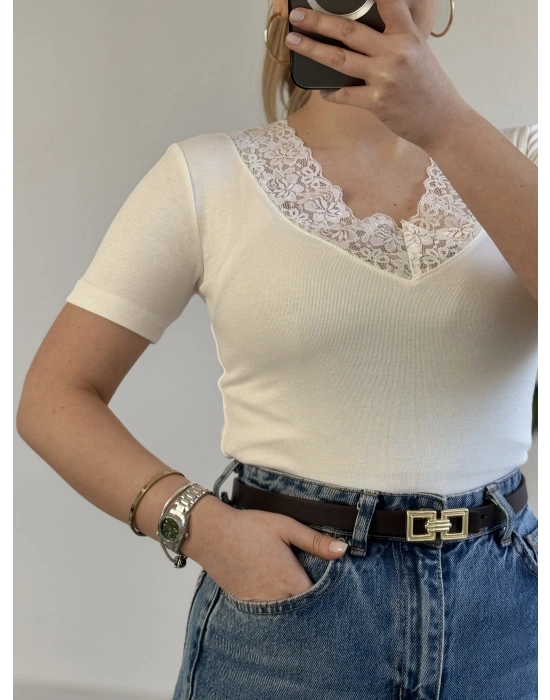 V YAKA DANTEL DETAY YARIM KOL BODY