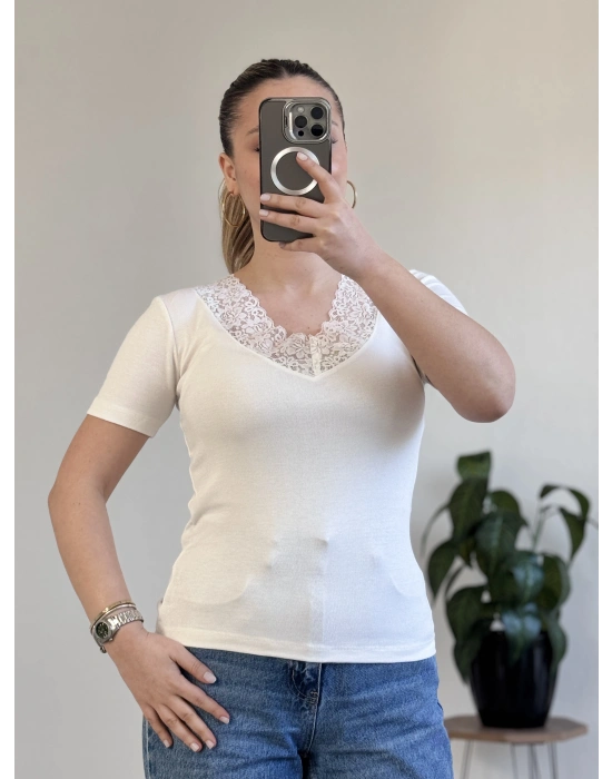 V YAKA DANTEL DETAY YARIM KOL BODY