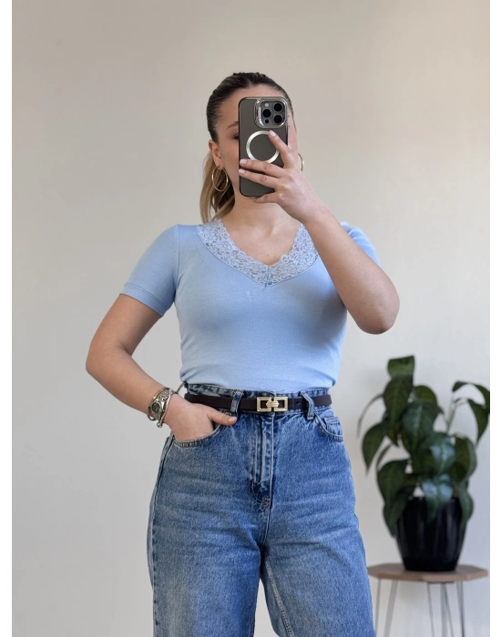 V YAKA DANTEL DETAY YARIM KOL BODY