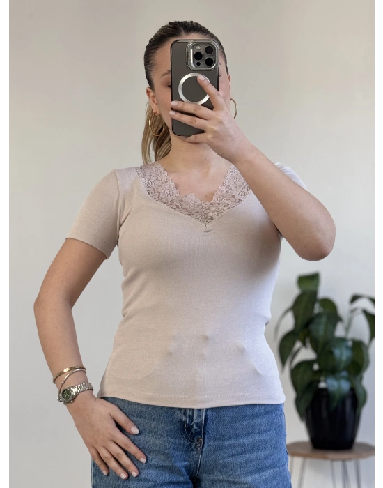 V YAKA DANTEL DETAY YARIM KOL BODY