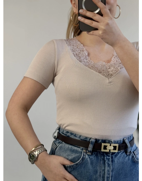 V YAKA DANTEL DETAY YARIM KOL BODY