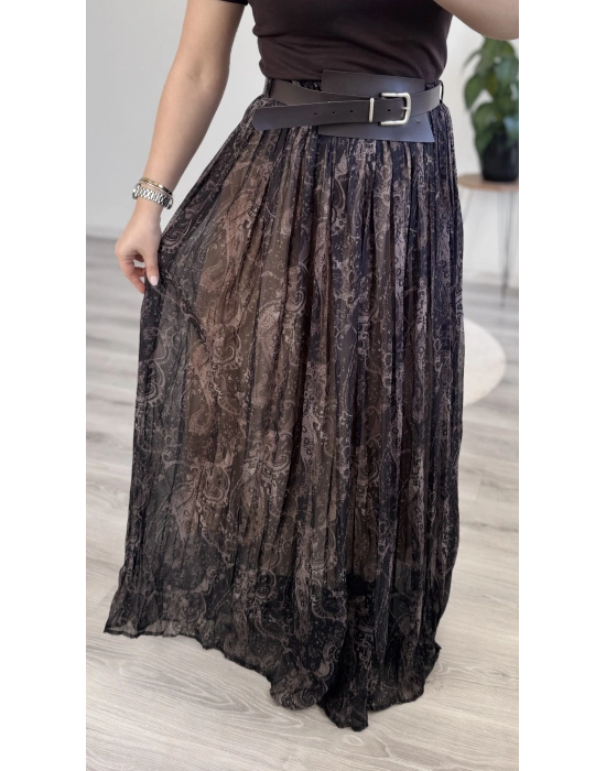 KALIN KEMERLİ DESENLİ ŞİFON PİLELİ ETEK – ASTARLI