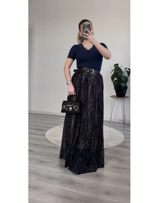 KALIN KEMERLİ DESENLİ ŞİFON PİLELİ ETEK – ASTARLI