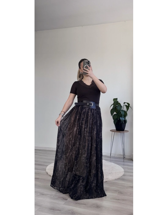 KALIN KEMERLİ DESENLİ ŞİFON PİLELİ ETEK – ASTARLI