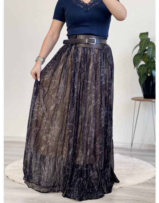 KALIN KEMERLİ DESENLİ ŞİFON PİLELİ ETEK – ASTARLI