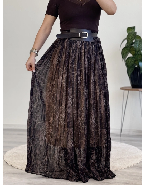 KALIN KEMERLİ DESENLİ ŞİFON PİLELİ ETEK – ASTARLI