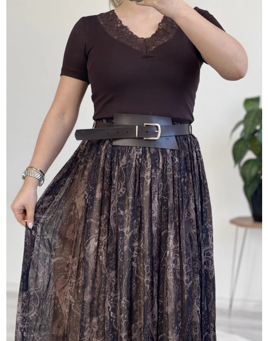 KALIN KEMERLİ DESENLİ ŞİFON PİLELİ ETEK – ASTARLI