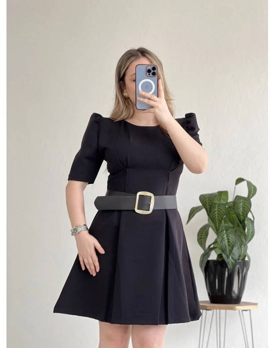 PUF KOLLU GOLD TOKA KEMERLİ MİNİ ELBİSE