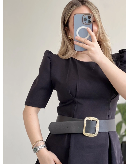 PUF KOLLU GOLD TOKA KEMERLİ MİNİ ELBİSE