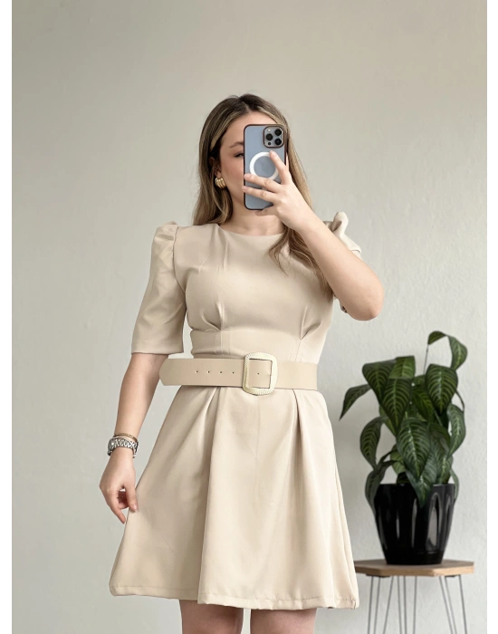 PUF KOLLU GOLD TOKA KEMERLİ MİNİ ELBİSE