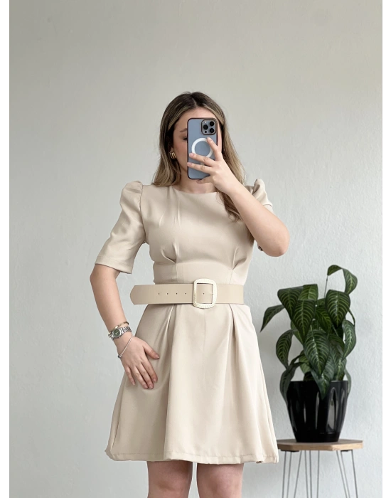 PUF KOLLU GOLD TOKA KEMERLİ MİNİ ELBİSE