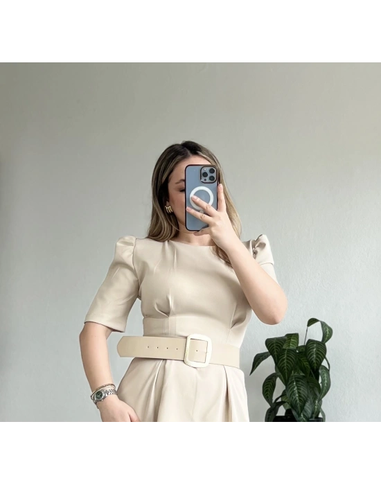 PUF KOLLU GOLD TOKA KEMERLİ MİNİ ELBİSE