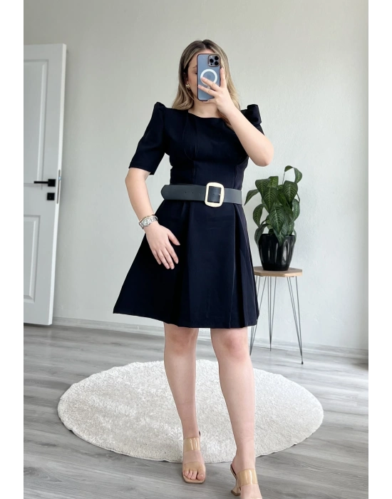 PUF KOLLU GOLD TOKA KEMERLİ MİNİ ELBİSE