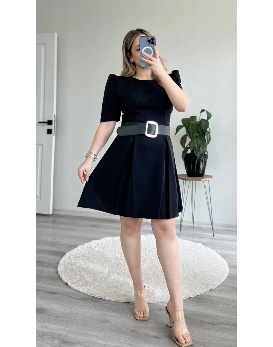 PUF KOLLU GOLD TOKA KEMERLİ MİNİ ELBİSE