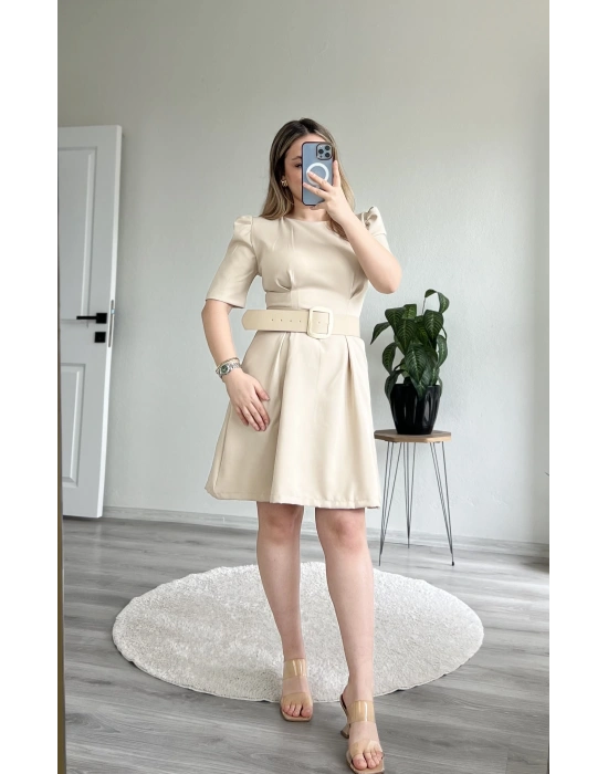 PUF KOLLU GOLD TOKA KEMERLİ MİNİ ELBİSE