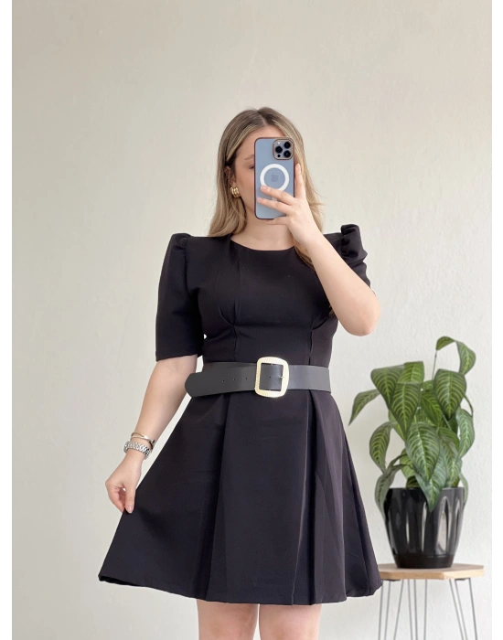 PUF KOLLU GOLD TOKA KEMERLİ MİNİ ELBİSE