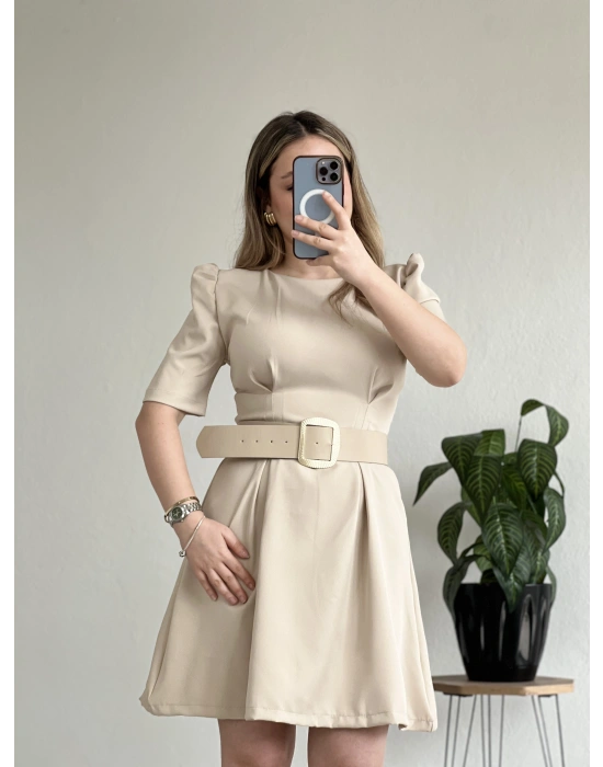 PUF KOLLU GOLD TOKA KEMERLİ MİNİ ELBİSE