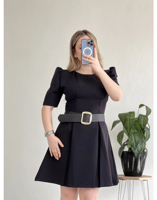 PUF KOLLU GOLD TOKA KEMERLİ MİNİ ELBİSE