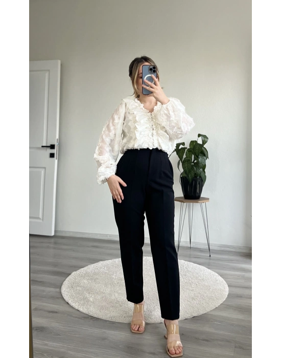 FIRFIR DETAYLI PAMUKLU ŞİFON BLUZ