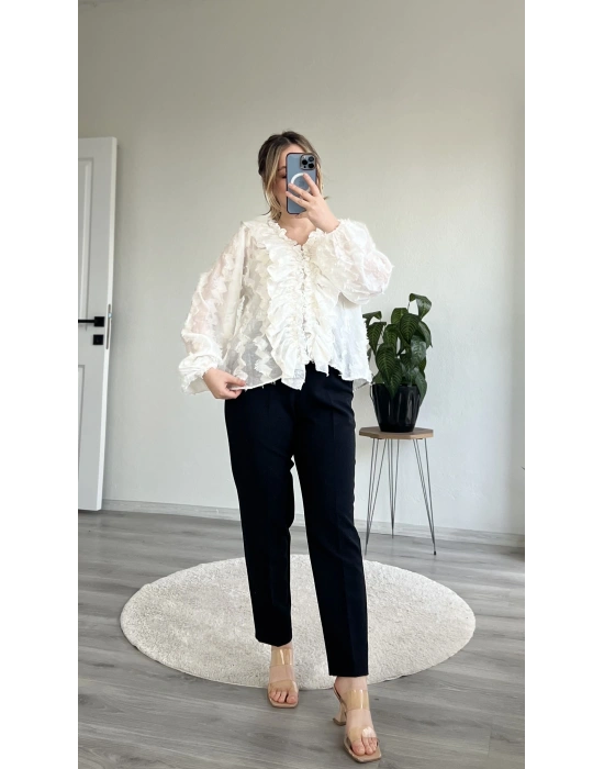 FIRFIR DETAYLI PAMUKLU ŞİFON BLUZ