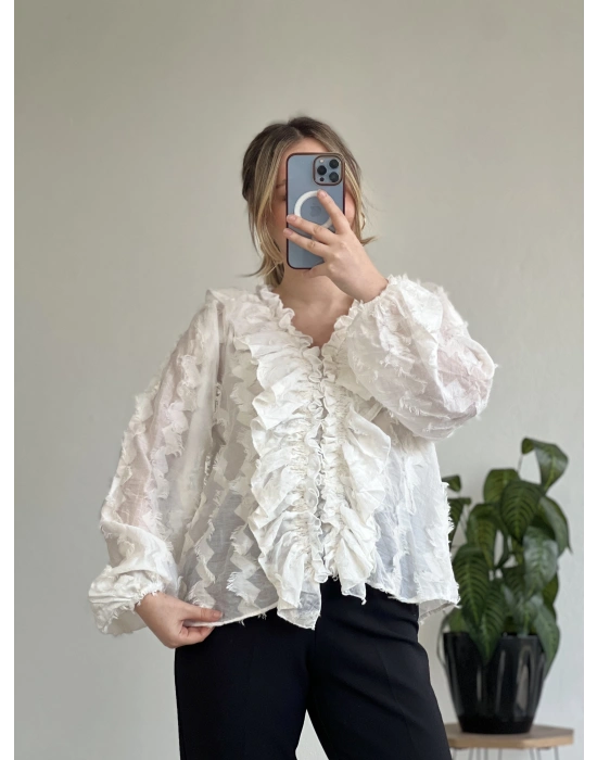 FIRFIR DETAYLI PAMUKLU ŞİFON BLUZ