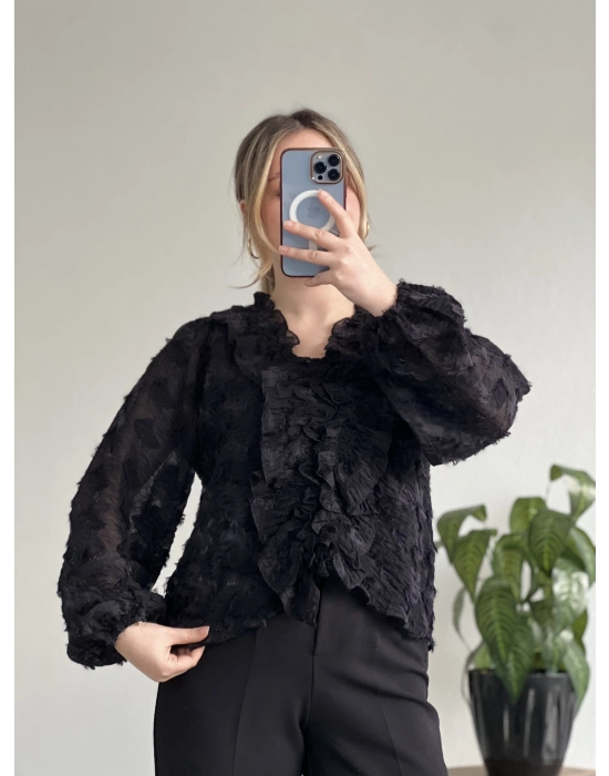 FIRFIR DETAYLI PAMUKLU ŞİFON BLUZ