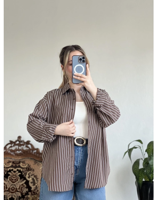 KAHVE ÇİZGİLİ GÖMLEK