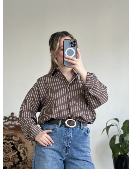 KAHVE ÇİZGİLİ GÖMLEK