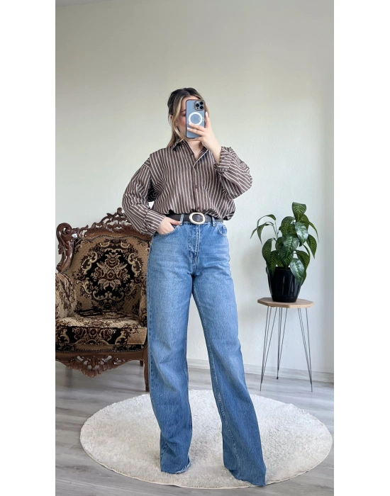 KAHVE ÇİZGİLİ GÖMLEK