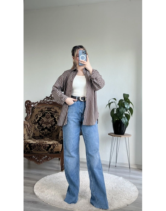 KAHVE ÇİZGİLİ GÖMLEK