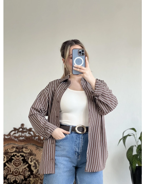 KAHVE ÇİZGİLİ GÖMLEK